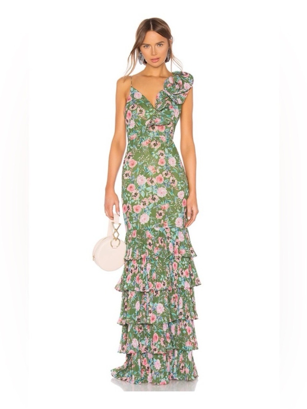AMUR Green Floral One-Shoulder Ruffled Maxi Dress